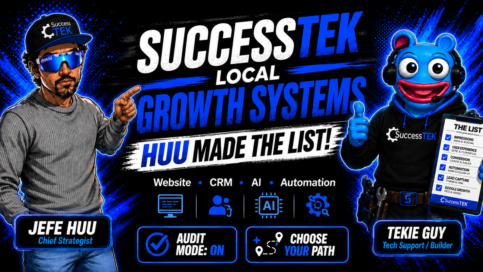 SuccessTek Local Growth Systems hero graphic with Jefe Huu, Tekie Guy, The List clipboard, and Choose Your Path audit mode branding